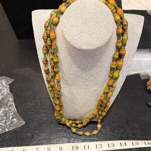 Handcrafted Paper Bead Double-Strand Necklace in Green and Orange